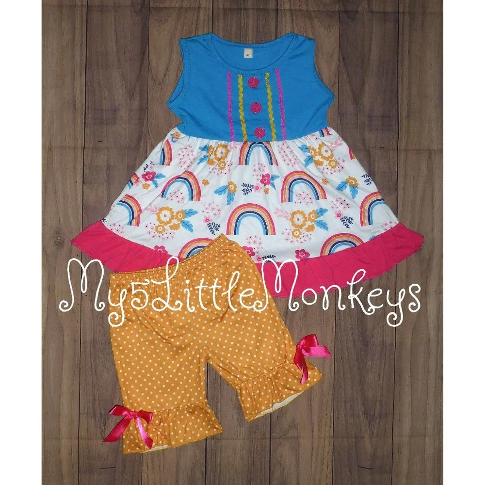 Boutique Rainbow Tunic Dress & Ruffle Shorts Girls Outfit Set